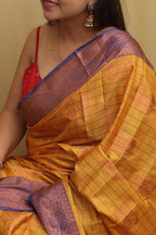 Golden Glow: Yellow Kanjeevaram Silk Checks Saree - Luxurion World