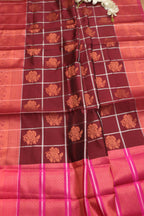 Elegant Maroon Kanjeevaram Silk Checks Saree - Luxurion World