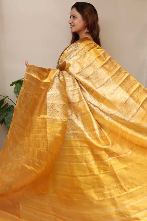 Luxurious Golden Pure Tissue Silk With Real Gold Zari Handloom Kanjeevaram Saree - Luxurion World