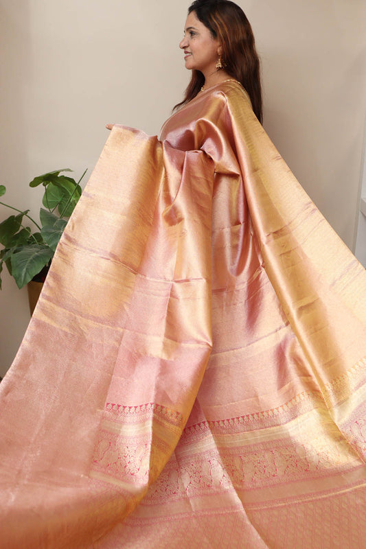 Pink Kanjeevaram Handloom Pure Tissue Silk Saree - Luxurion World