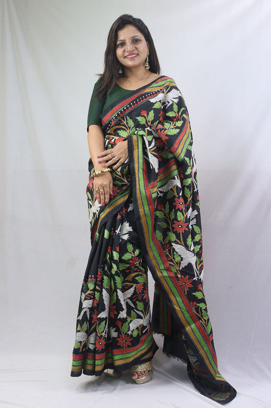 Exquisite Black Kantha Silk Saree with Hand Embroidery - Luxurion World