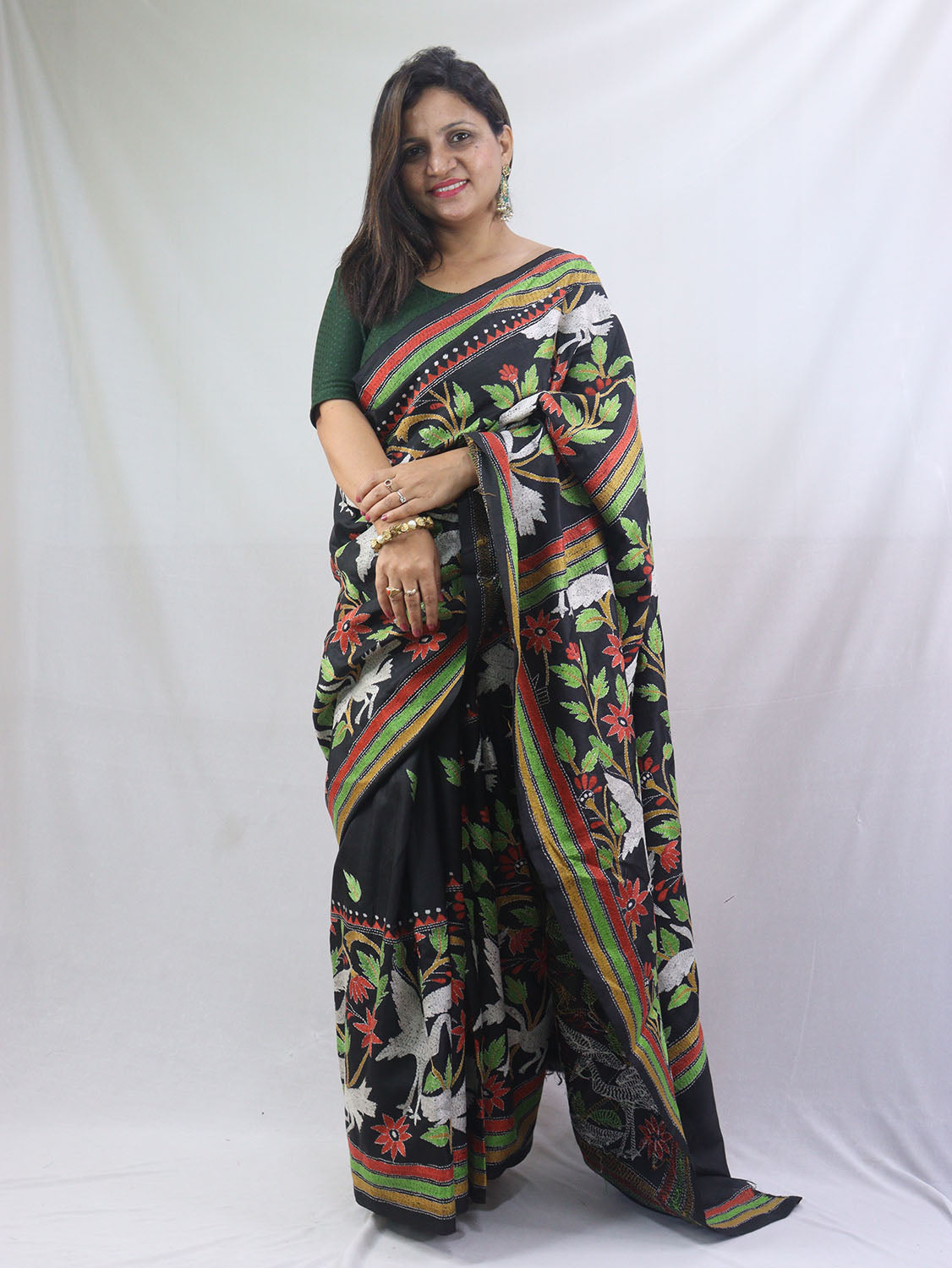 Exquisite Black Kantha Silk Saree with Hand Embroidery - Luxurion World