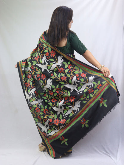 Exquisite Black Kantha Silk Saree with Hand Embroidery