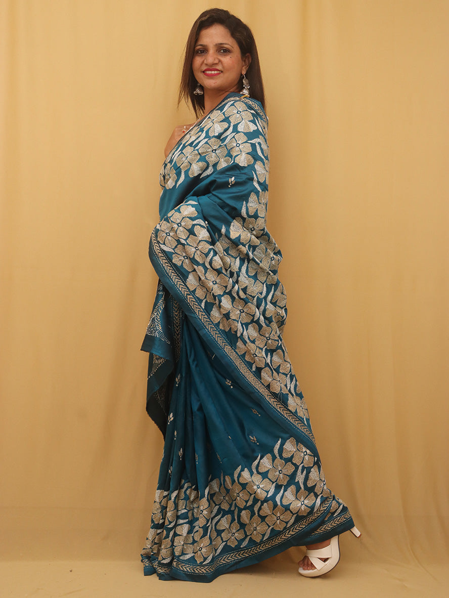 Exquisite Blue Kantha Silk Saree with Hand Embroidery - Luxurion World