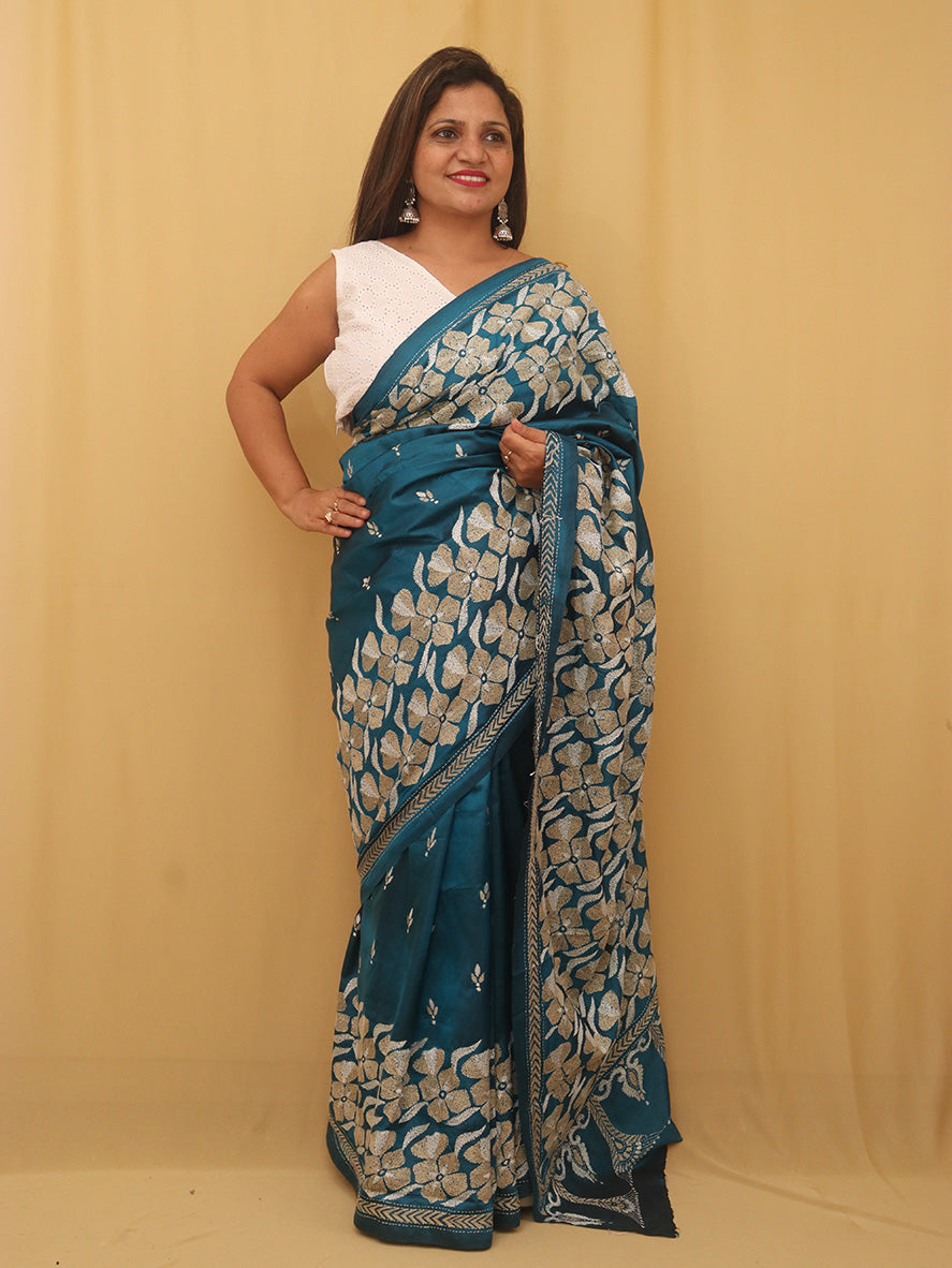 Exquisite Blue Kantha Silk Saree with Hand Embroidery - Luxurion World