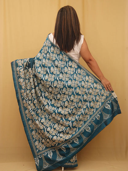 Exquisite Blue Kantha Silk Saree with Hand Embroidery