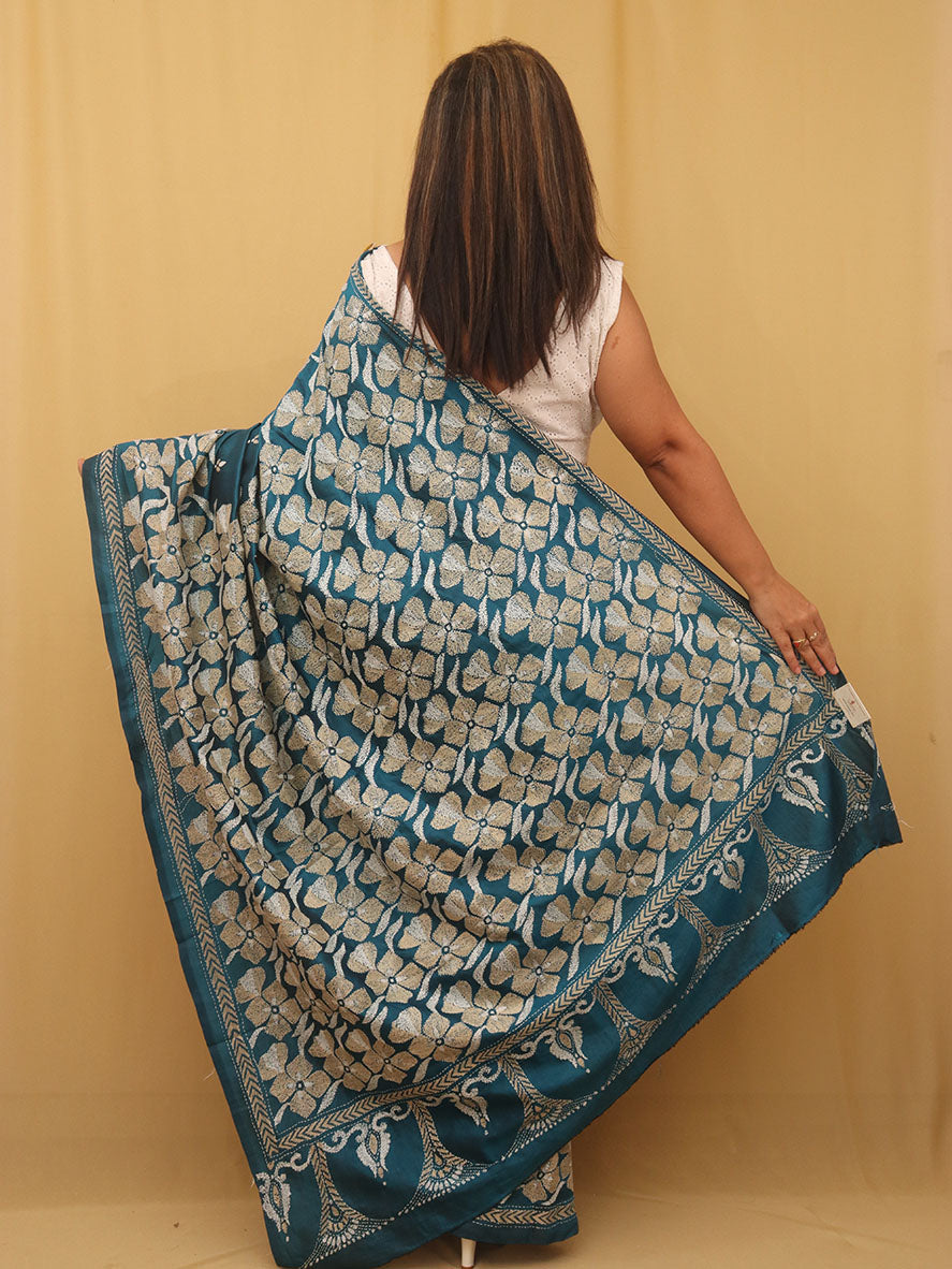 Exquisite Blue Kantha Silk Saree with Hand Embroidery - Luxurion World
