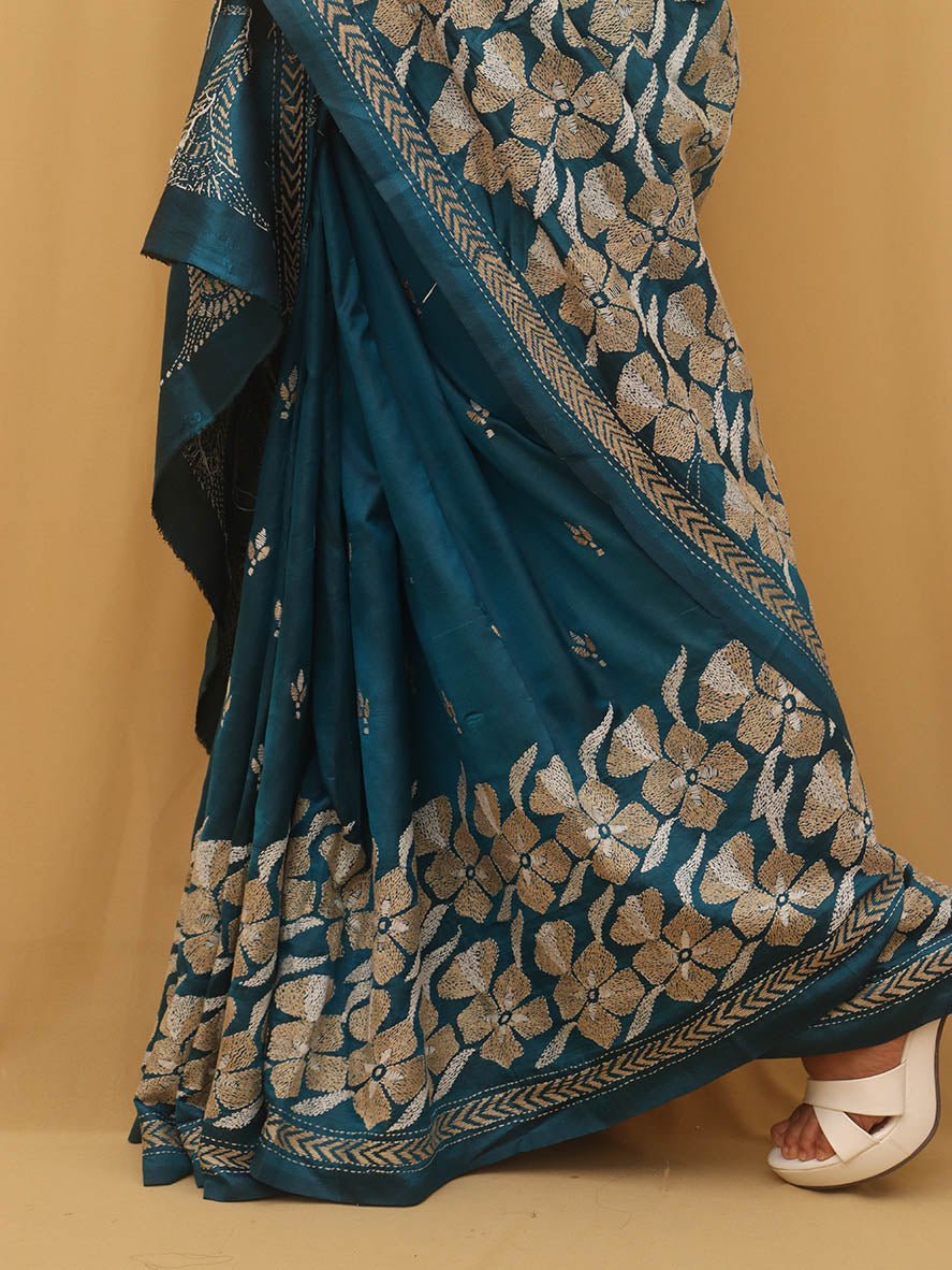 Exquisite Blue Kantha Silk Saree with Hand Embroidery - Luxurion World