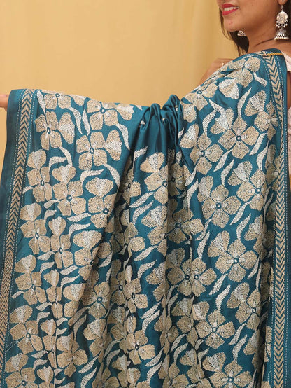 Exquisite Blue Kantha Silk Saree with Hand Embroidery