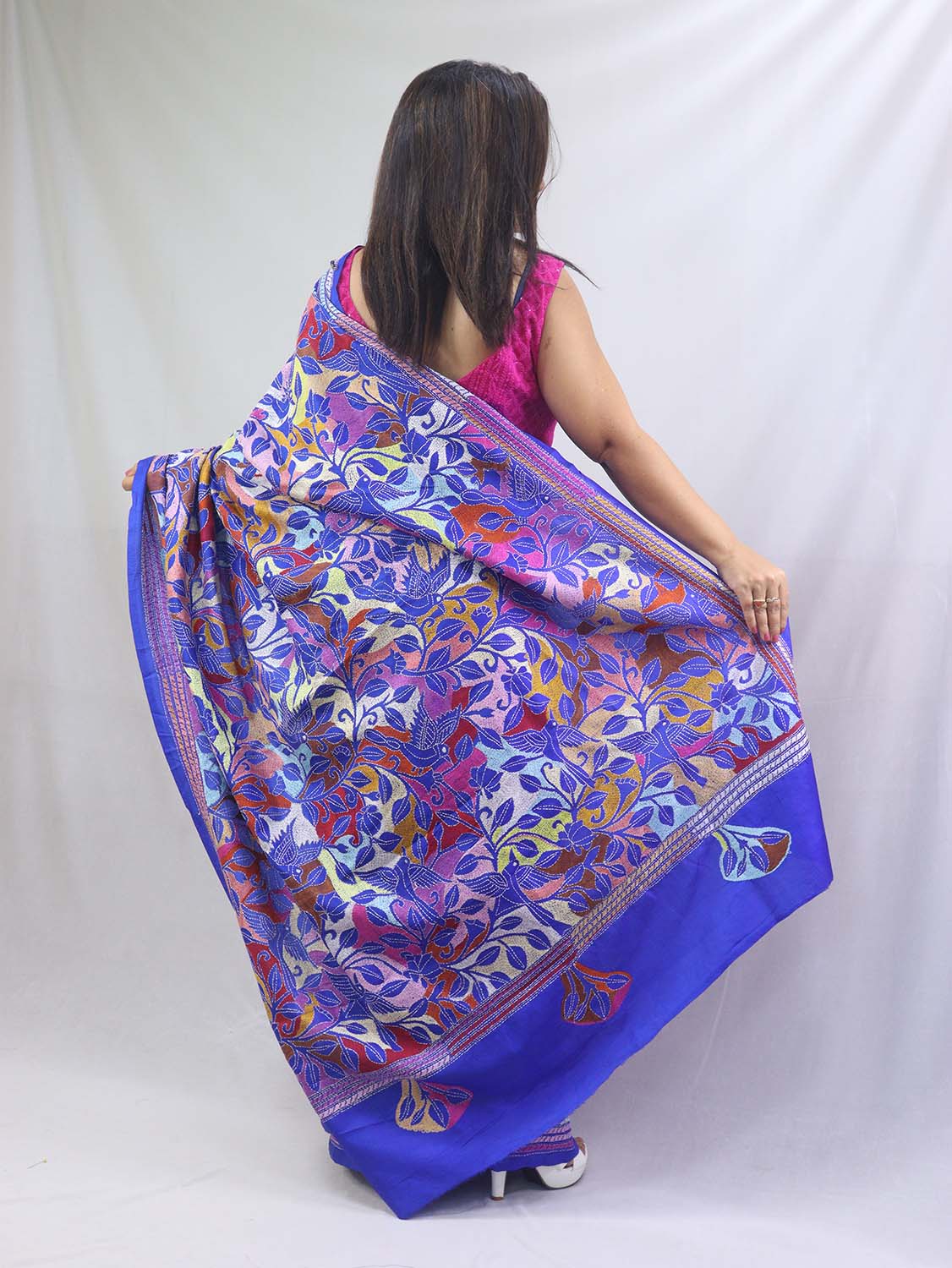 Stunning Blue Kantha Silk Saree with Hand Embroidery
