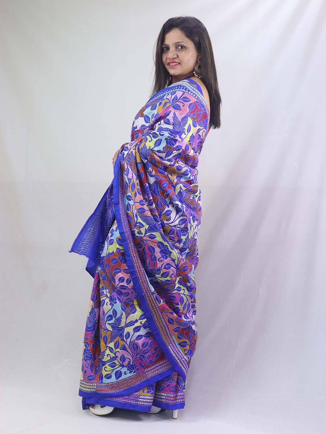 Stunning Blue Kantha Silk Saree with Hand Embroidery - Luxurion World
