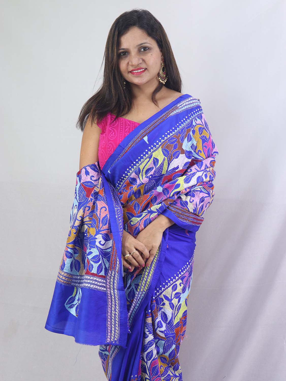 Stunning Blue Kantha Silk Saree with Hand Embroidery - Luxurion World
