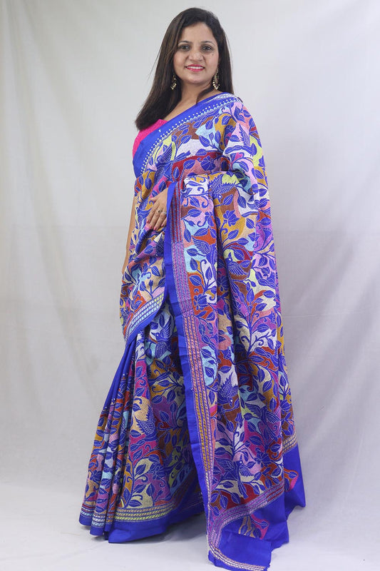Stunning Blue Kantha Silk Saree with Hand Embroidery - Luxurion World