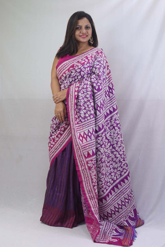 Exquisite Purple Kantha Silk Saree with Hand Embroidery - Luxurion World