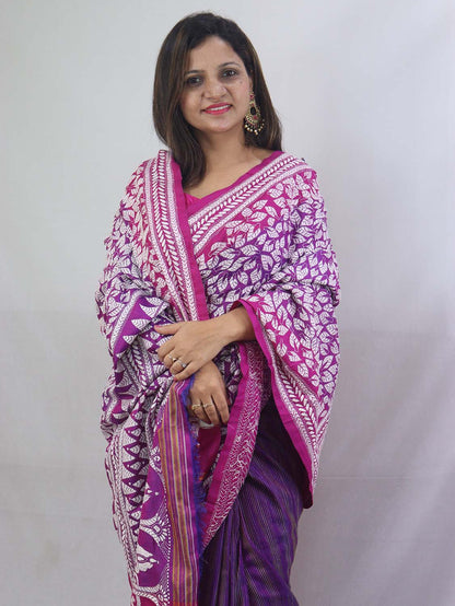 Exquisite Purple Kantha Silk Saree with Hand Embroidery