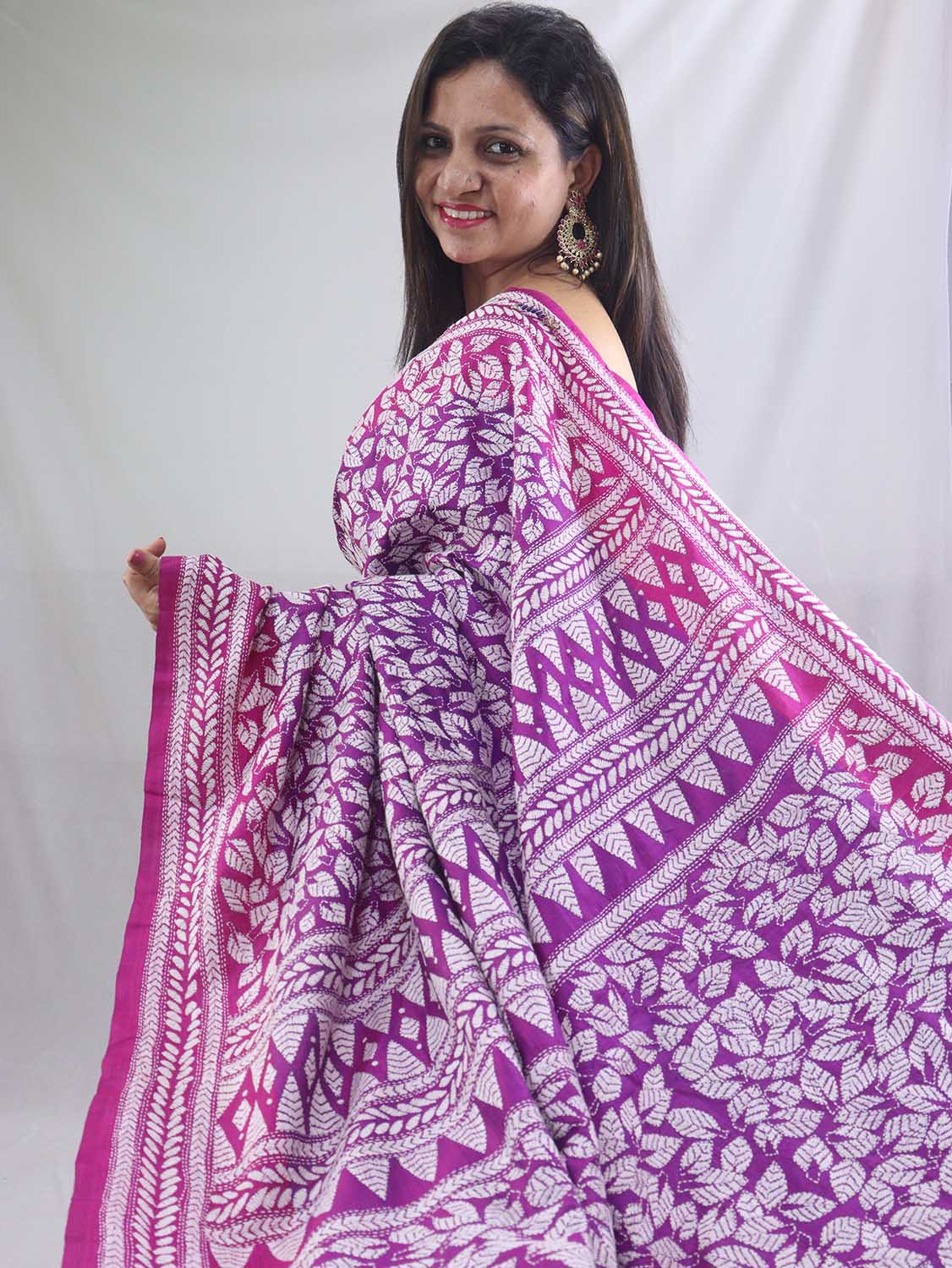 Exquisite Purple Kantha Silk Saree with Hand Embroidery - Luxurion World