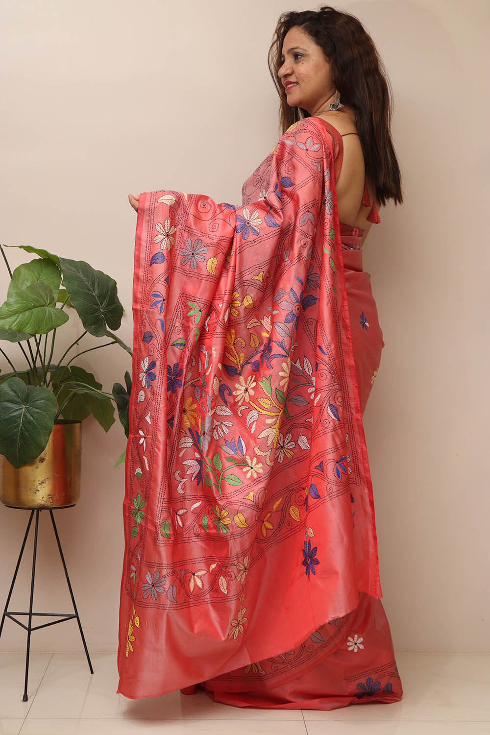 Pretty in Pink: Hand Embroidered Kantha Silk Saree - Luxurion World