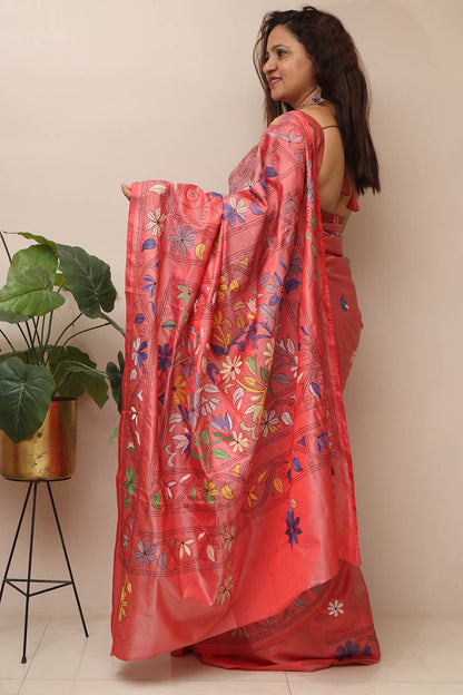 Pretty in Pink: Hand Embroidered Kantha Silk Saree
