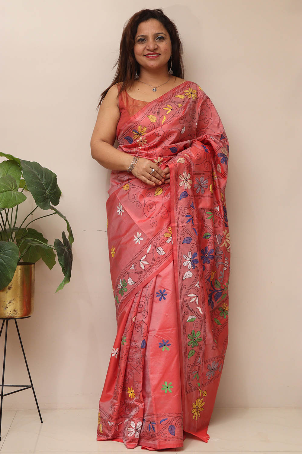 Pretty in Pink: Hand Embroidered Kantha Silk Saree - Luxurion World