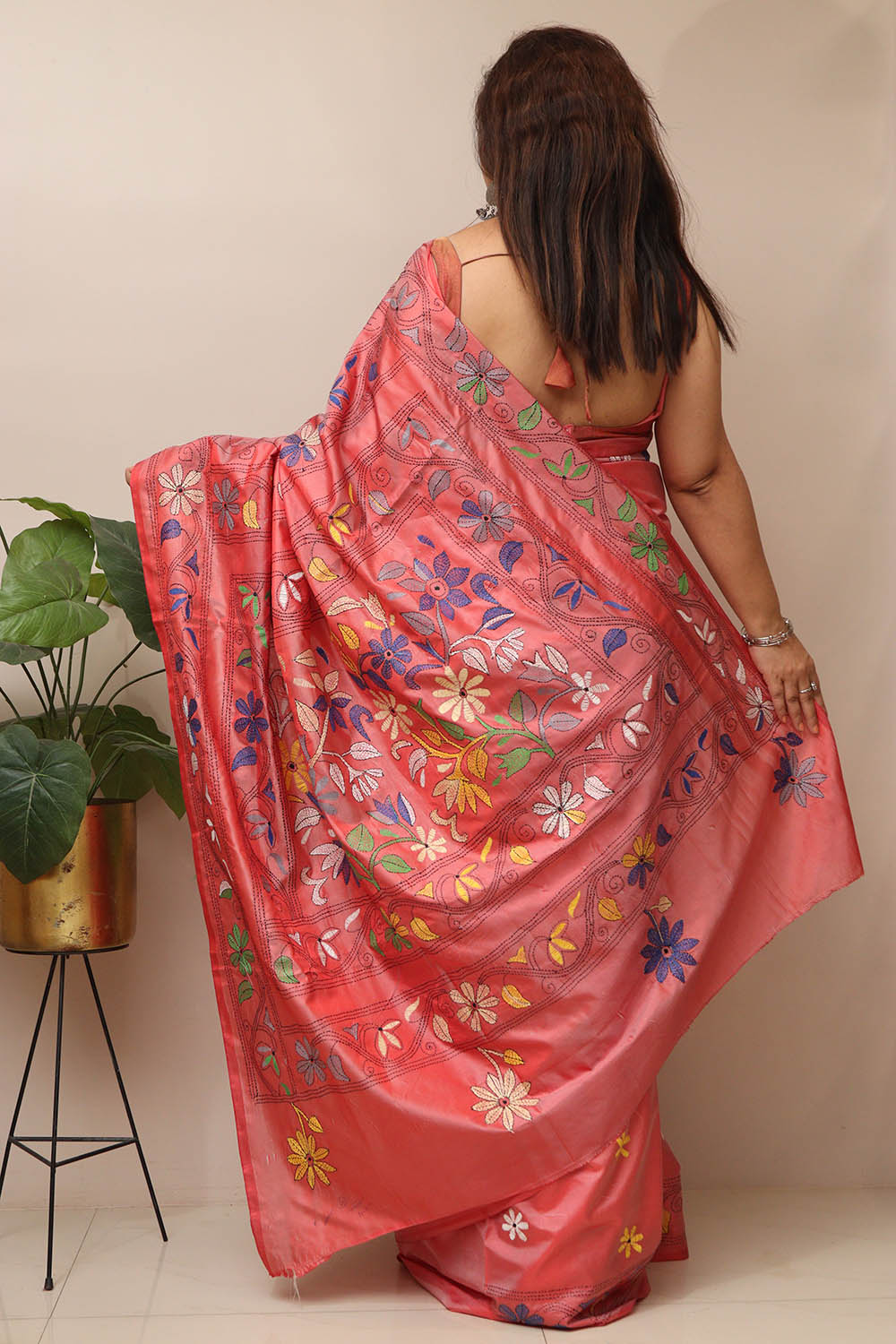 Pretty in Pink: Hand Embroidered Kantha Silk Saree - Luxurion World