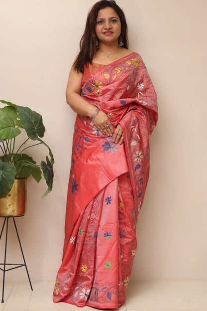 Pretty in Pink: Hand Embroidered Kantha Silk Saree