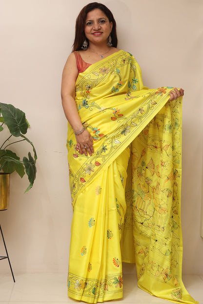 Yellow Hand Embroidered Kantha Silk Saree