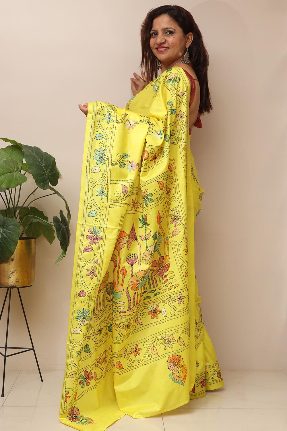 Yellow Hand Embroidered Kantha Silk Saree - Luxurion World