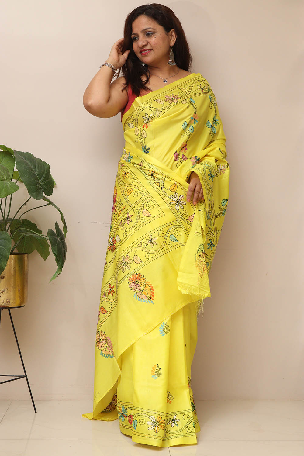 Yellow Hand Embroidered Kantha Silk Saree - Luxurion World