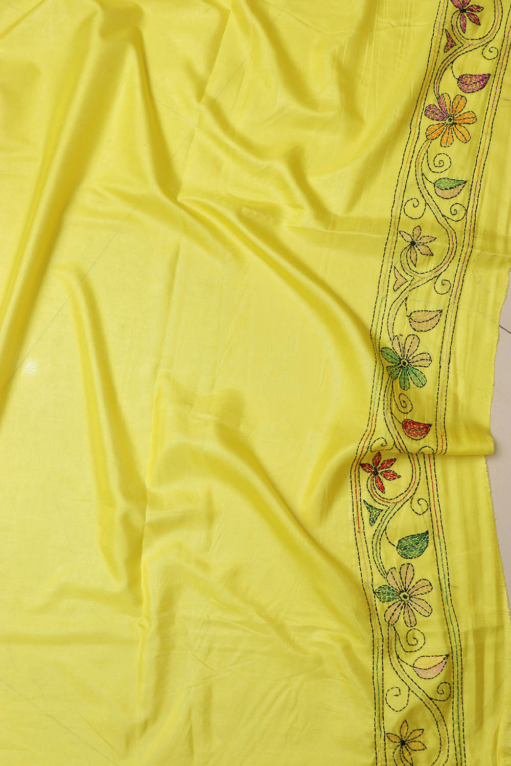 Yellow Hand Embroidered Kantha Silk Saree