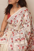 Exquisite White Hand Embroidered Kantha Silk Saree - Luxurion World