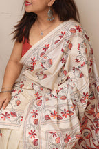 Exquisite White Hand Embroidered Kantha Silk Saree - Luxurion World