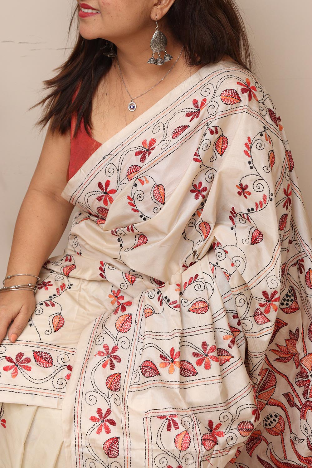 Exquisite White Hand Embroidered Kantha Silk Saree