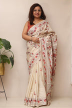 Exquisite White Hand Embroidered Kantha Silk Saree - Luxurion World