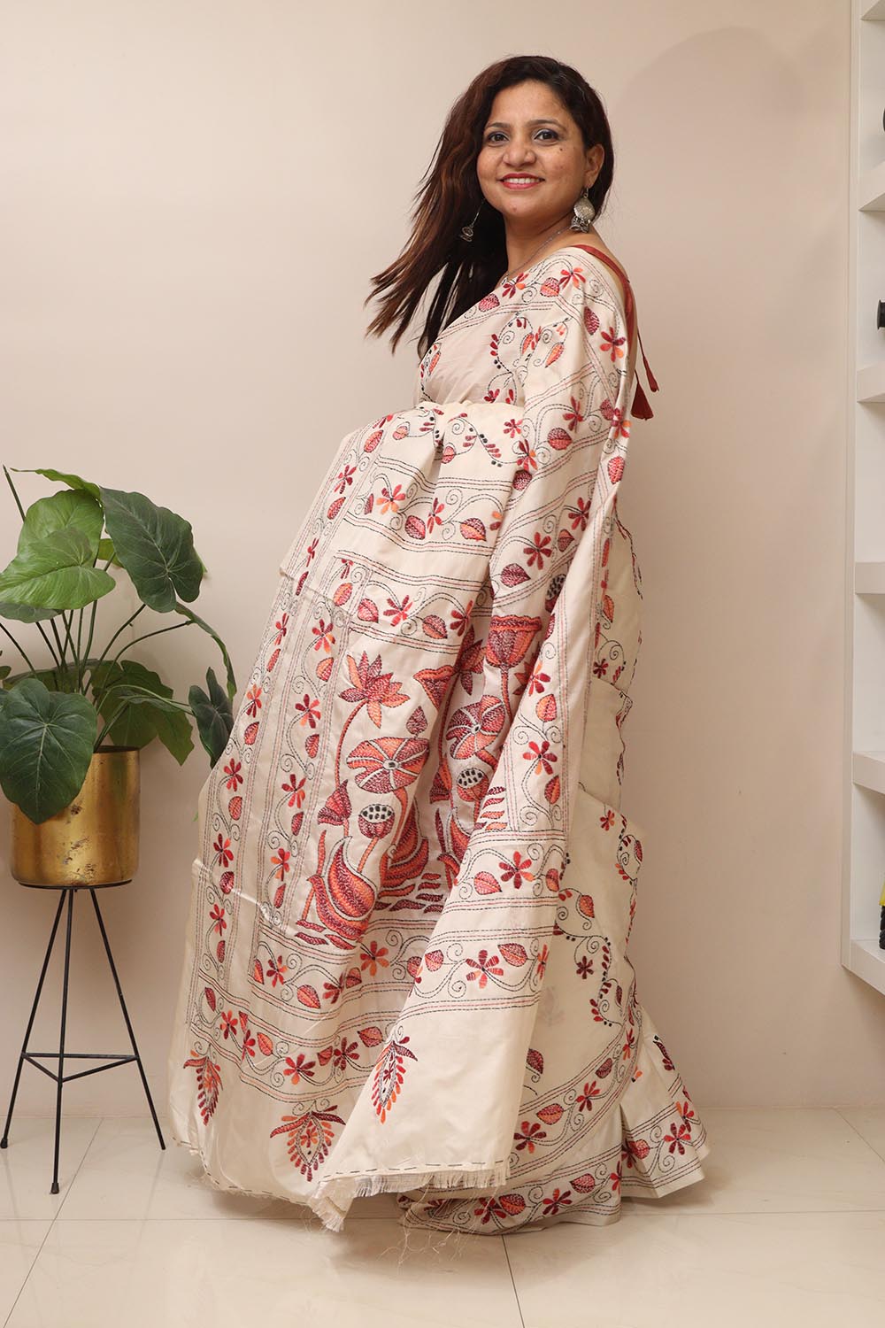 Exquisite White Hand Embroidered Kantha Silk Saree