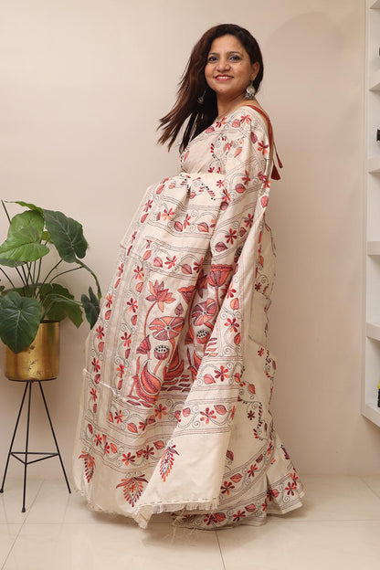 Exquisite White Hand Embroidered Kantha Silk Saree