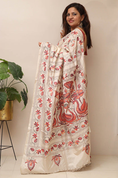 Exquisite White Hand Embroidered Kantha Silk Saree