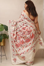 Exquisite White Hand Embroidered Kantha Silk Saree - Luxurion World