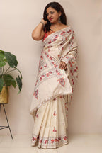 Exquisite White Hand Embroidered Kantha Silk Saree - Luxurion World