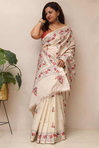 Exquisite White Hand Embroidered Kantha Silk Saree
