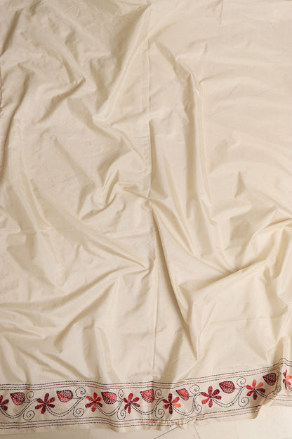 Exquisite White Hand Embroidered Kantha Silk Saree