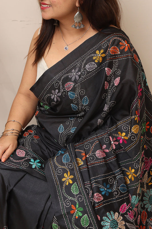 Exquisite Black Hand Embroidered Kantha Silk Saree