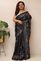 Exquisite Black Hand Embroidered Kantha Silk Saree - Luxurion World