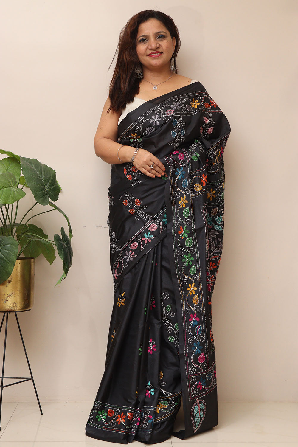 Exquisite Black Hand Embroidered Kantha Silk Saree - Luxurion World
