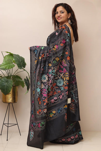 Exquisite Black Hand Embroidered Kantha Silk Saree