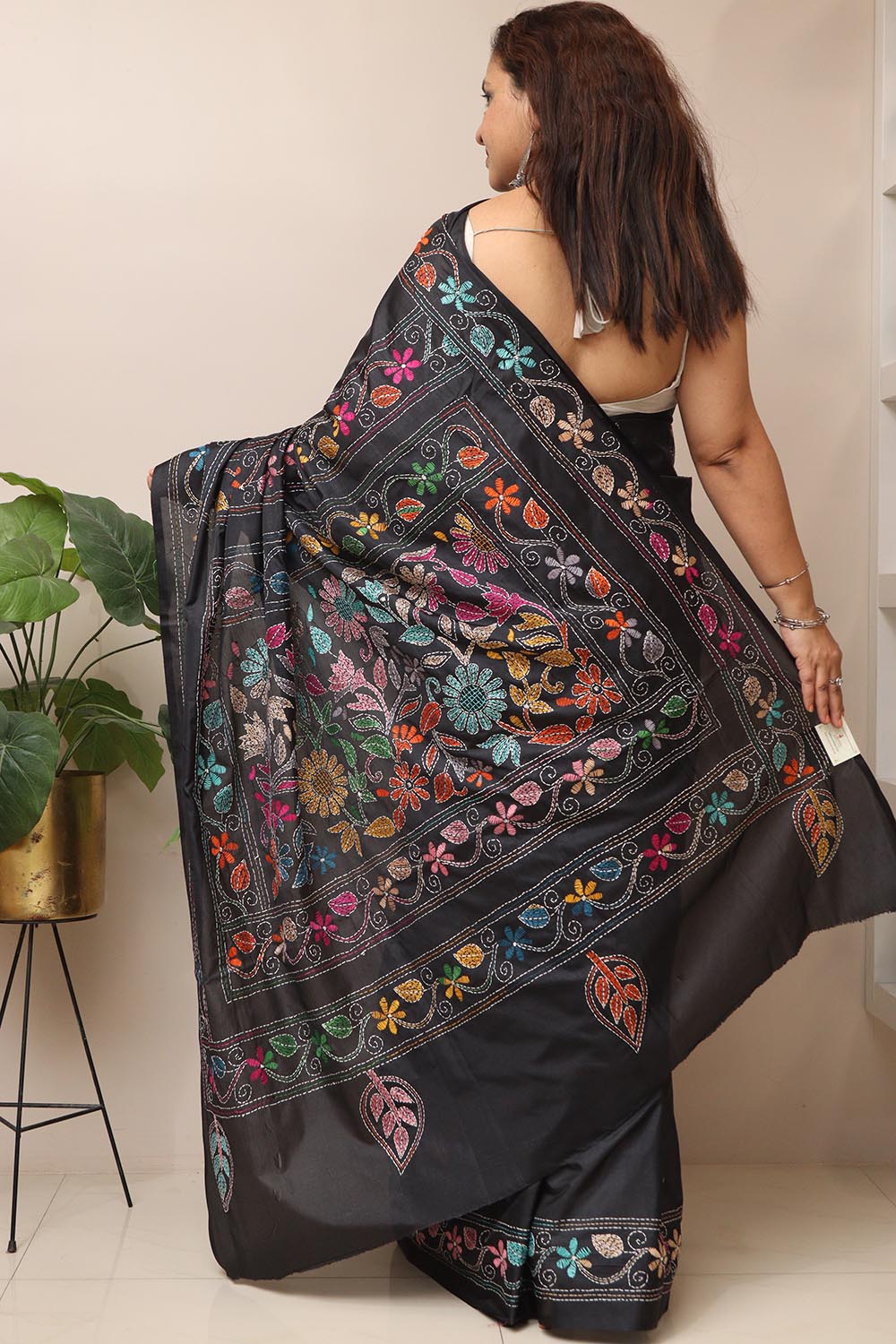 Exquisite Black Hand Embroidered Kantha Silk Saree