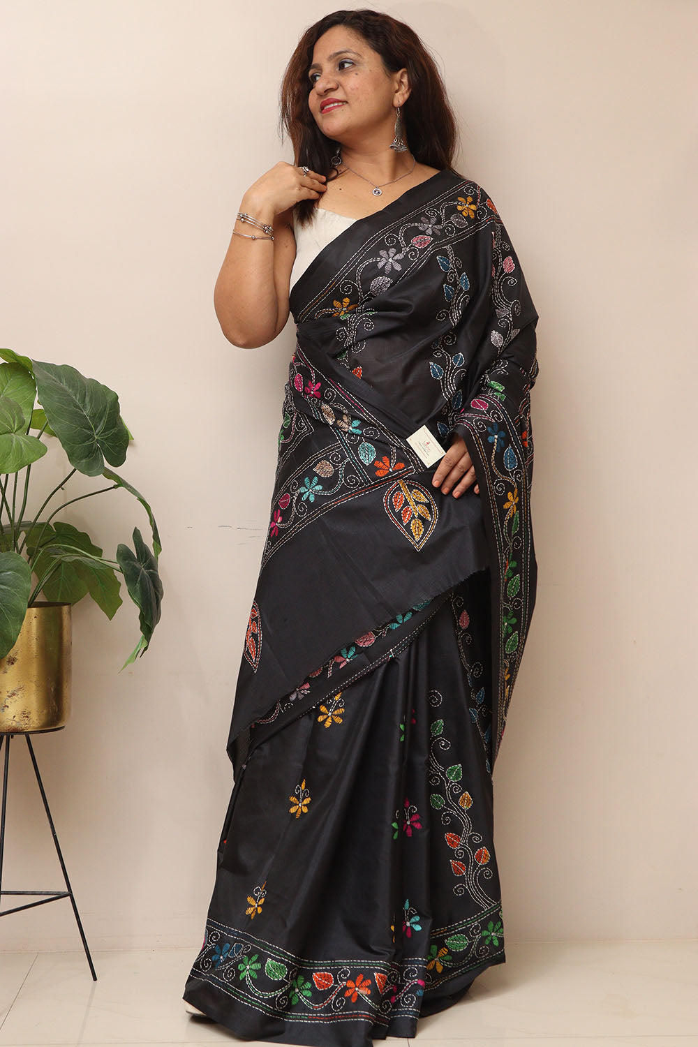 Exquisite Black Hand Embroidered Kantha Silk Saree