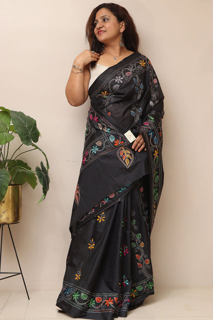 Exquisite Black Hand Embroidered Kantha Silk Saree