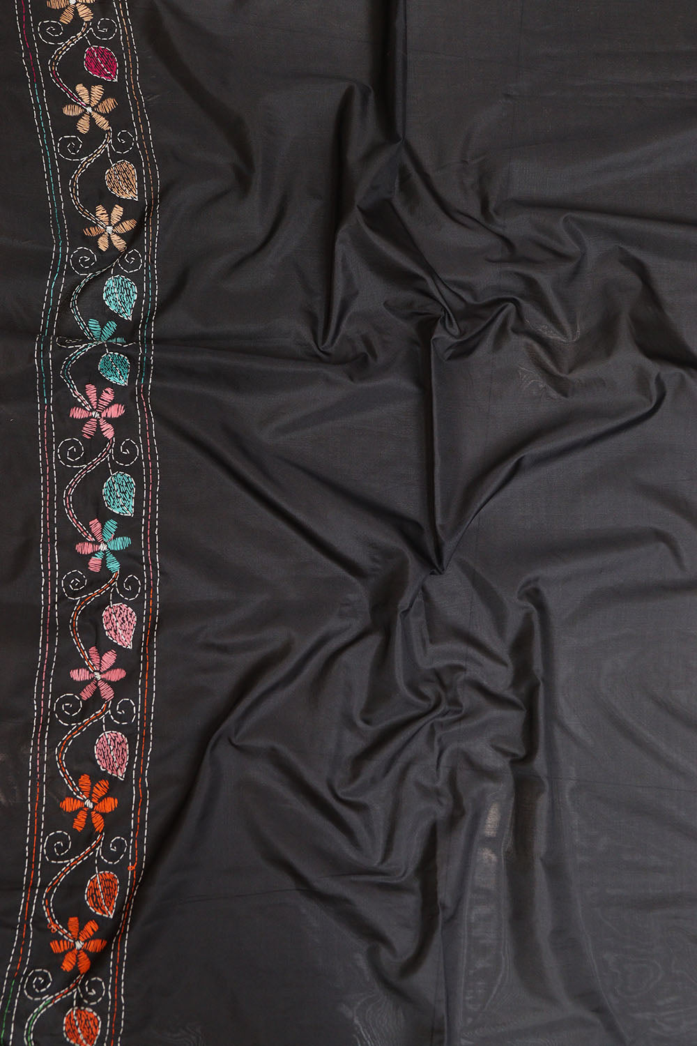 Exquisite Black Hand Embroidered Kantha Silk Saree