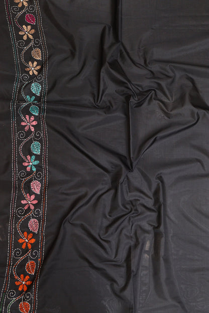 Exquisite Black Hand Embroidered Kantha Silk Saree