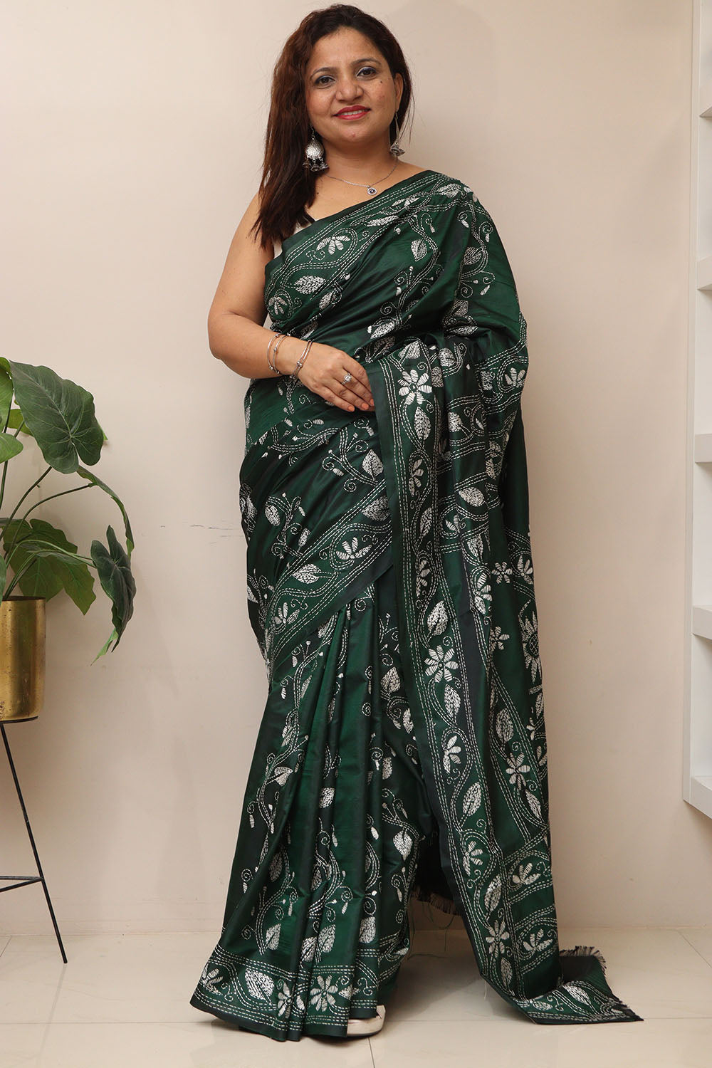 Green Hand Embroidered Kantha Silk Saree - Luxurion World
